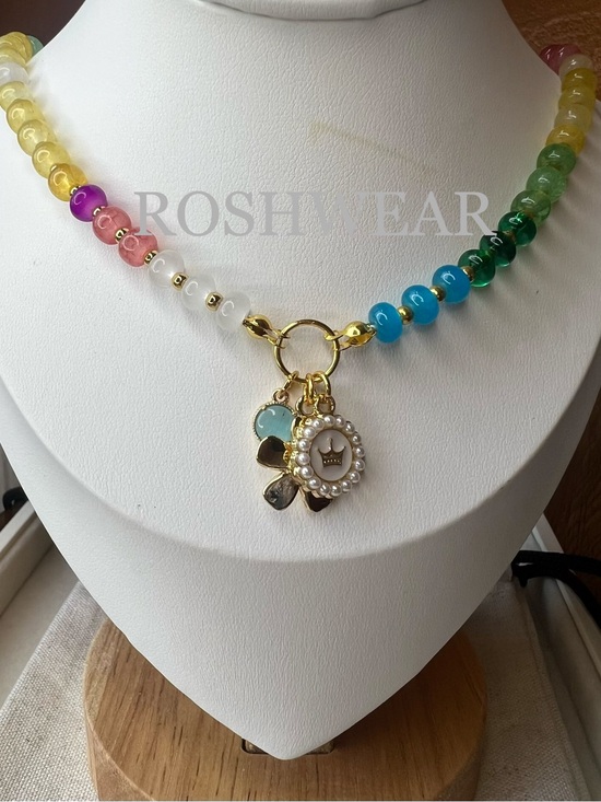 Mayamar Jewelry - Rainbow Bead Necklace with Gold Flower Charm NWOT